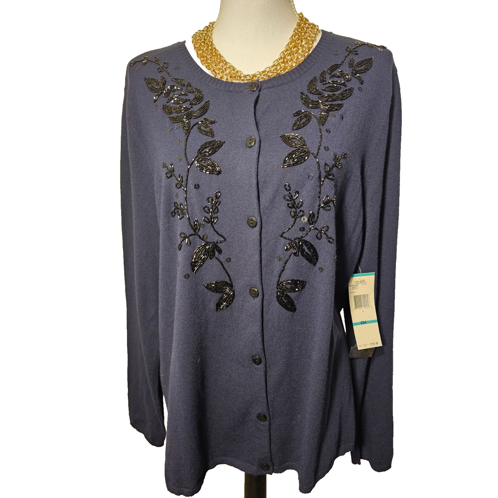 NWT Jones New York Collection Womens Navy Cardigan Crew Neck Embellished Size 0X